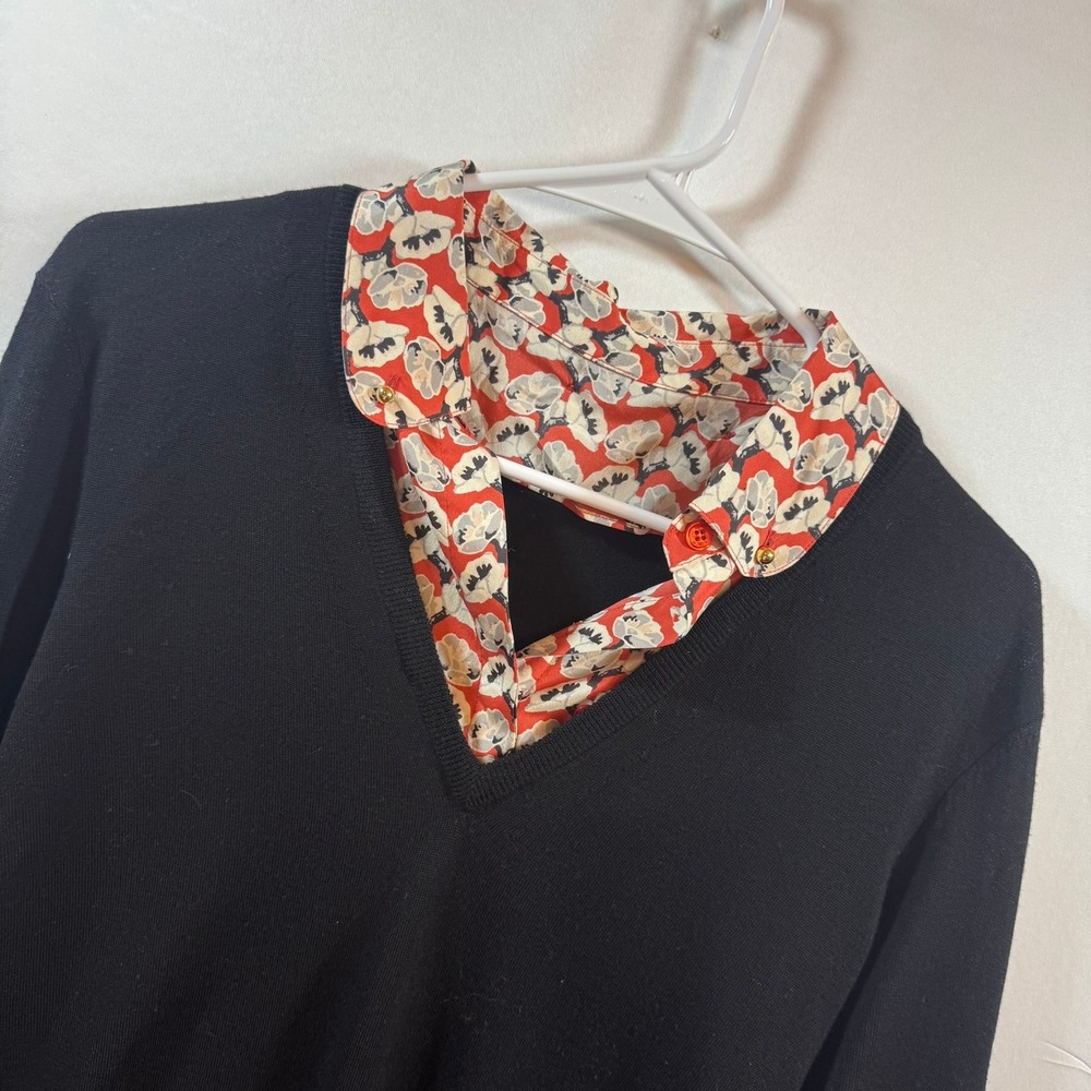 Tory Burch Merino Wool V-Neck Sweater Detachable Silk Floral Collar Black Med